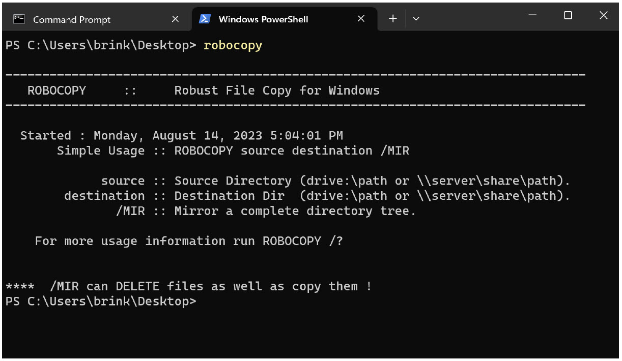 Fig. 2: CMD window after typing in robocopy.